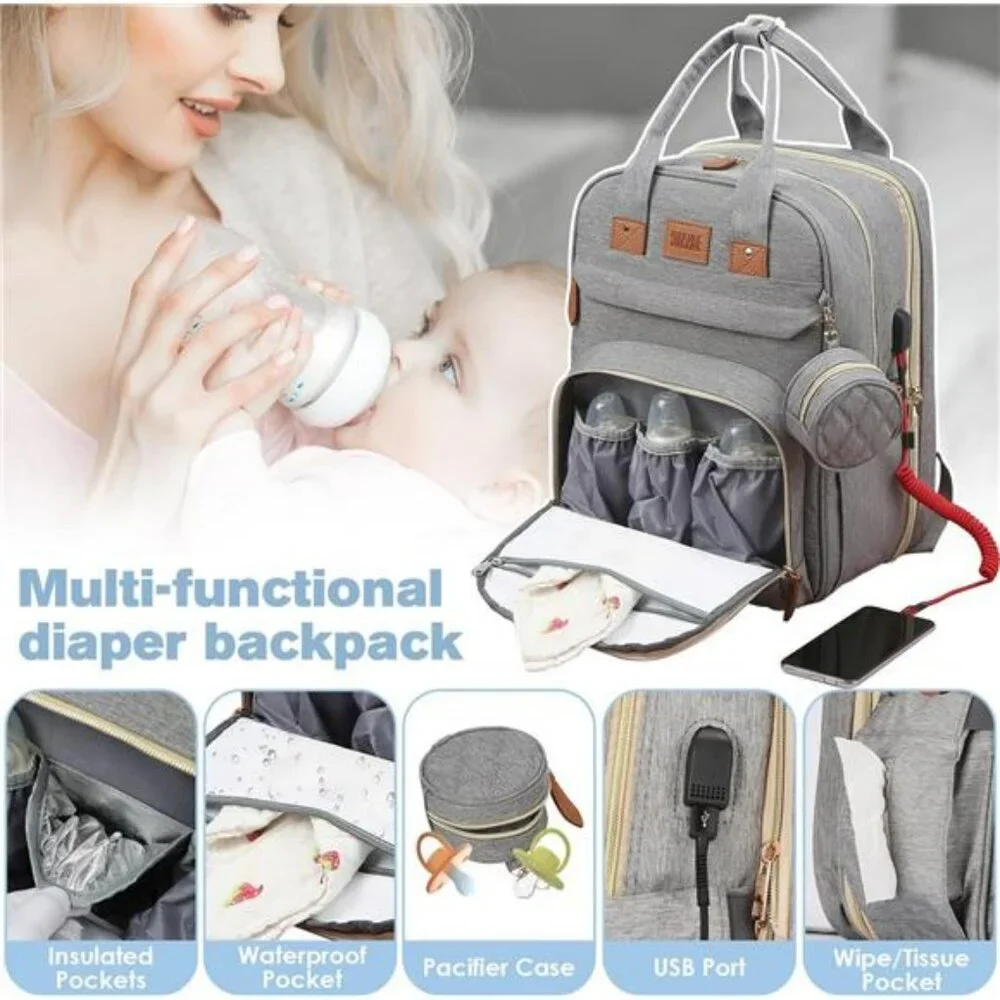 Large diaper bag backpack with changing station waterproof travel baby bag grey
